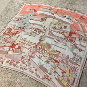 Hermes Coral Pink Brown Carousel Print Silk Scarf